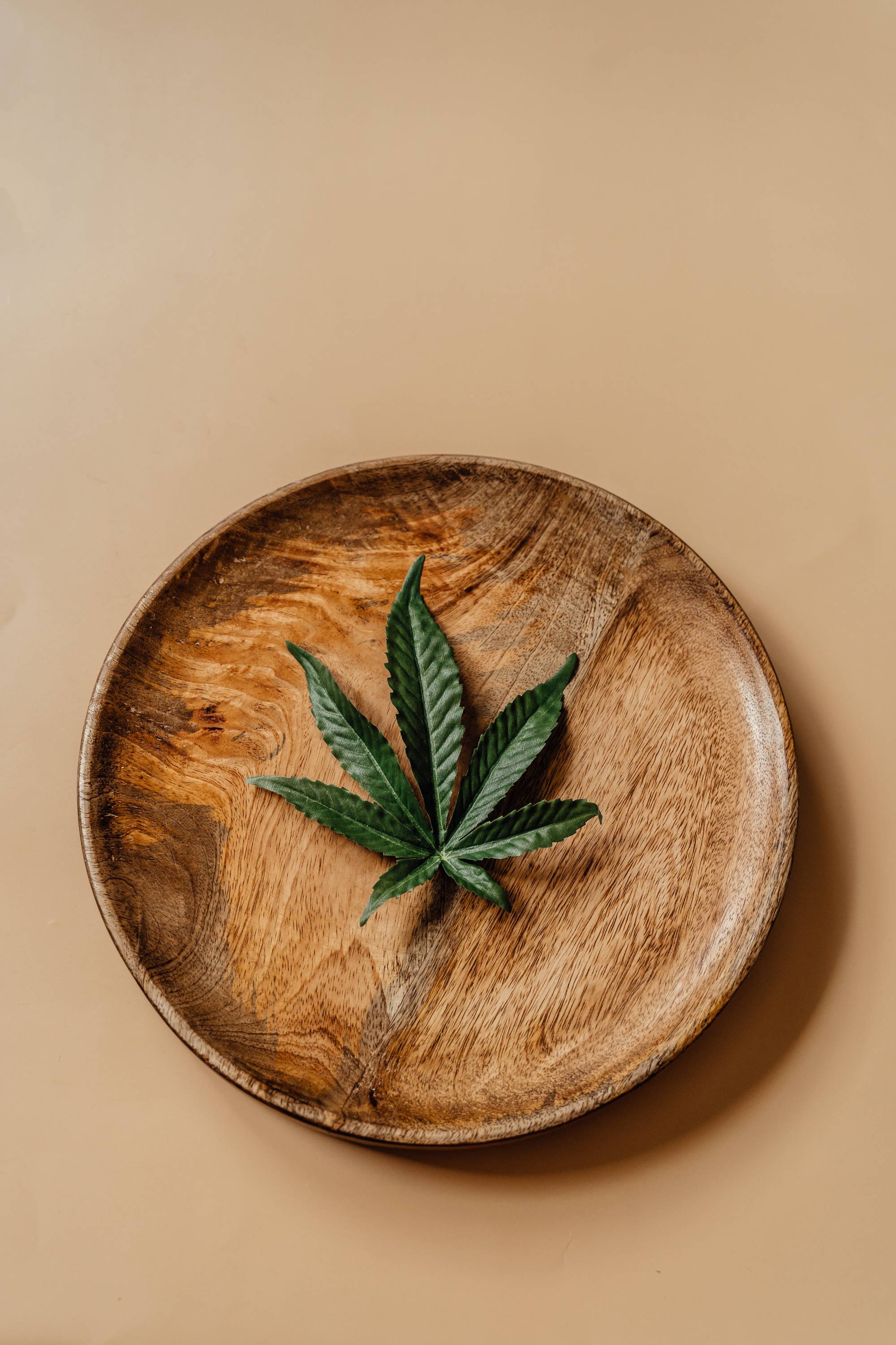 Cannabis leaf in a brown wooden bowl